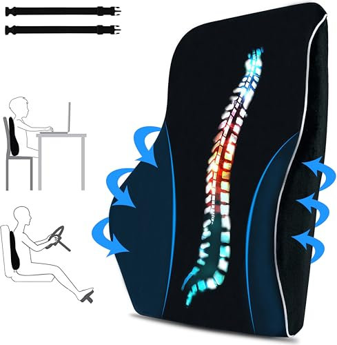 TheComfortZone Lumbar Support Pillow for Office & Gaming Chair Car Lumbar Pillow Ergonomic Back Support Memory Foam Cushion with Adjustable Straps Breathable Orthopedic Backrest Black color