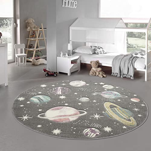 Teppich-Traum Kinderteppich Weltraum Lernteppich mit Sternen und Planeten in Pastell grau Größe 120 cm rund