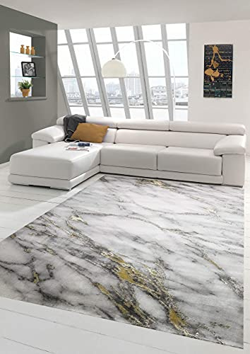 Teppich-Traum Kurzflor Teppich Marmor Grau Gold 80x150 cm | Pflegeleicht, schmutzabweisend, strapazierfähig, allergikerfreundlich, seitlich gekettelt, OEKO-TEX geprüft, 12 mm Flor