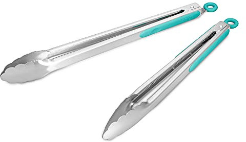 304 Stainless Steel Kitchen Cooking Tongs, 12 and 14 Set of 2 Sturdy Grilling Barbeque Brushed Locking Food Tongs with Ergonomic Grip, Aqua Sky