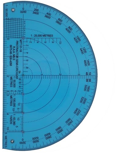 Australian Army Protractor, Semi Circular, RAA, Mils. NSN 6675-66-108-4268 for angle measurements and map plotting for outdoor navigation with map and compass, hiking, orienteering and survival..