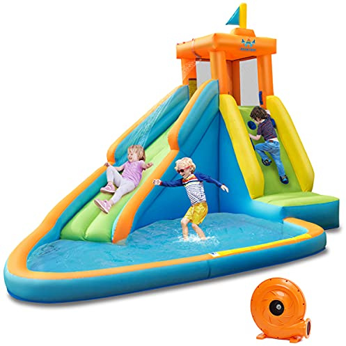 COSTWAY Aufblasbare Hüpfburg mit 450W Gebläse, Wasserrutsche Park mit RutscheKletterwand Planschbecken, Kinder-Wasserpark mit Wassersprühvorrichtung, Wasserspielcenter Hüpfburg für Kinder