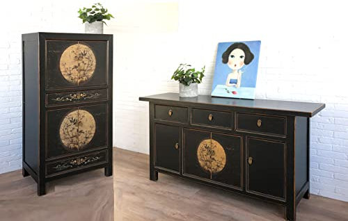 OPIUM OUTLET Chinesische Möbel Kombination Set Asia Möbel Wohnzimmer Shabby Chic Vintage schwarz Sideboard Kommode Schrank Hochzeitsschrank orientalisch asiatisch