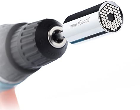 InnovaGoods - Llave de Vaso Universal Multifunción, Accesorios Uniscrew, Diseño Innovador, Adaptable 7-19 mm, Incluye Extensor y Codo 105º, Metal, Negro