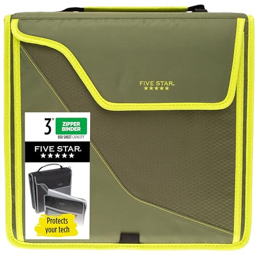 Five Star Zipper Binder, 3 Inch 3-Ring Binder with D Rings, Removable Padded Case, 5-Tab Expanding File and Multi-Use Strap, 850 Sheet Capacity, Olive/Citrus (292960C)