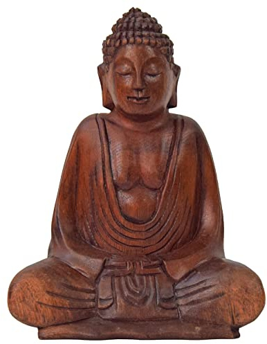 Simandra Om Buddha Amitabha 20 cm Statue sitzend Holz Skulptur Lotus Meditation Feng-Shui
