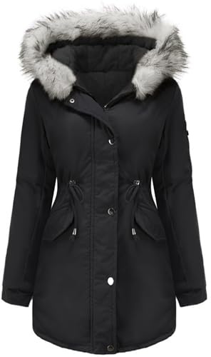 Vancavoo Giubbotto Donna Invernale Giacca con Cappuccio Cappotto Parka Cappotti Media Lugghezza Ispessito Caldo Felpa con Cappuccio in Pelliccia Sintetica Outdoor,Nero S