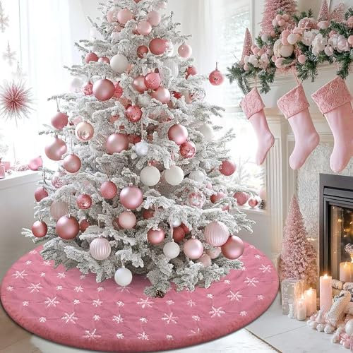 Tiosggd Falda de Árbol Rosa de 48 Pulgadas - Adorno de Piel Sintética con Copos de Nieve Plateados - Alfombra Grande para Árbol de 7.5 Pies - Decoración Navideña e Invernal