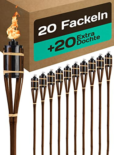 STAR - LINE 20 Garten Fackeln für Draußen aus Bambus Holz 90cm - Lange Brenndauer - Nachfüllbar - Ink. 20 Extra Dochten - Fackeln für Garten - Ölfackeln - Bambusfackeln für Gartenparty - Gartenfackeln