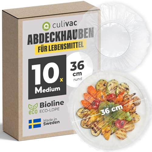 culivac Abdeckhauben für Lebensmittel aus Bioline ECO-LDPE, Gummizug aus Naturkautschuk, Frischhaltefolie für Schüsseln Essen Kuchen Fliegenhaube, Made in Sweden BPA frei, 10 Stück rund 36cm