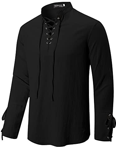 YAOBAOLE Chemise Lin Homme Manche Longue Décontractée Style Médiéval Viking à Lacets Coton Lin Léger Été Plage Noir XL