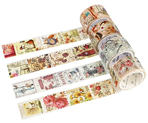 LGEGE 4 rouleaux de Washi Tape Set, 25 x 33mm par timbre, fleurs, parfums, éléments anciens, ruban de masquage décoratif pour Scrapbook, Bullet Journal (5m)