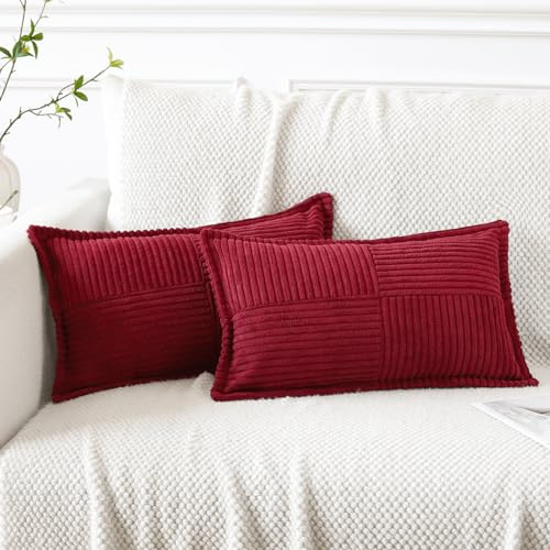 Artscope 2er Set Kordsamt Kissenbezüge Samtkissen Weich Dekokissen Dekorativ Kissenbezug Modern Kissenhülle Umwickelte Kante Sofakissen für Wohnzimmer Schlafzimmer Wein Rot, 30x50cm