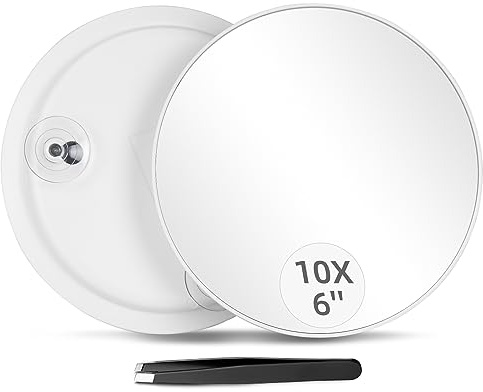 Jadazror Specchio ingranditore 10X con 3 ventose, ingrandimento da 15,2 cm, ingrandimento 10x, da viaggio, portatile, con pinzette, per viaggi, trucco, bagno