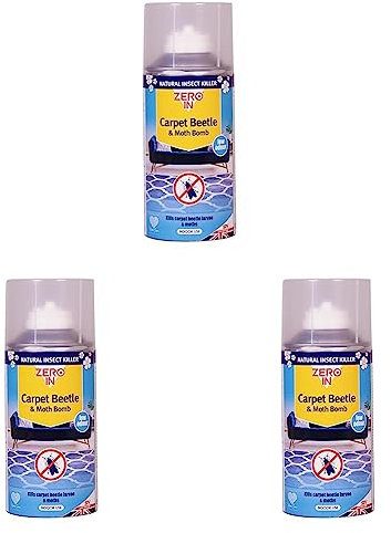 Zero In Carpet Beetle & Moth Killer Bomb - 150 ml One-Shot Aerosol Rapid-Action Knockdown Insecticidal Bomb for Carpet Beetles and Moths. Prevents Allergies. (Pack of 3)
