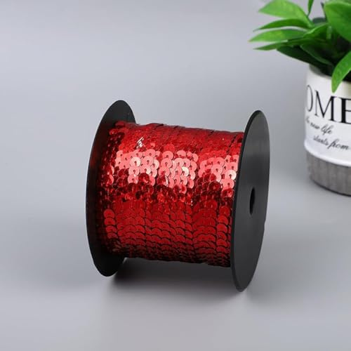SYSUII 100 Yard Elastische Pailletten Trim 6mm Paillettenband Flache Glitzerband Borten Paillettenborte Paillettenschnur für DIY NäHen KostüMe Handwerk Verzierungen Schmuckherstellung-Rot