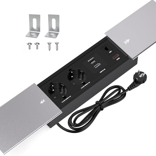CHENGPI Coulissant Couvercle Prise de Bureau,Prise Encastrable avec 2 Prises,1 USB,1 Type C,Interface Réseau HDMI TD,Aluminium Multiprise Electrique pour Bureau de Cuisine de Bureau,1,8m Câble