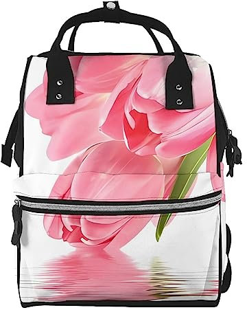 OrcoW Hübsche rosa Blumendruck Wickeltasche Mama Rucksack Große Kapazität Multifunktions Wasserdichte Windeltasche Für Mama Und Papa, Schwarz , One size