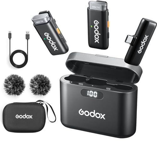 GODOX WES2 KIT2 Micrófono Lavalier inalámbrico, certificado MFi, reducción de ruido ENC, grabación profesional de 48 kHz/16 bits, alcance de 200 m, transmisor 2 en 1, compatible con tipo C (WES2 KIT2)