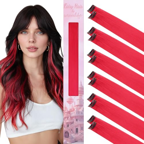 WENNALIFE 12 Piezas Rojo Extensiones de Clip de Pelo, Colorido Extensiones de Cabello Pelo Postizo Mechas de Colorido Extensiones Clip Mechas Pelo Lacio para Niñas Mujeres Trenzas Cosplay Fiesta
