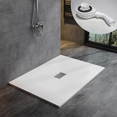 WITEN&NOCK Duschwanne 120x100 cm SMC Brausewanne weiß Steinoptik Antirutsch Duschtasse Höhe 3,2 cm Extraflach Brausetasse mit Ø 90mm Siphon und Edelstahl-Abflussrinne