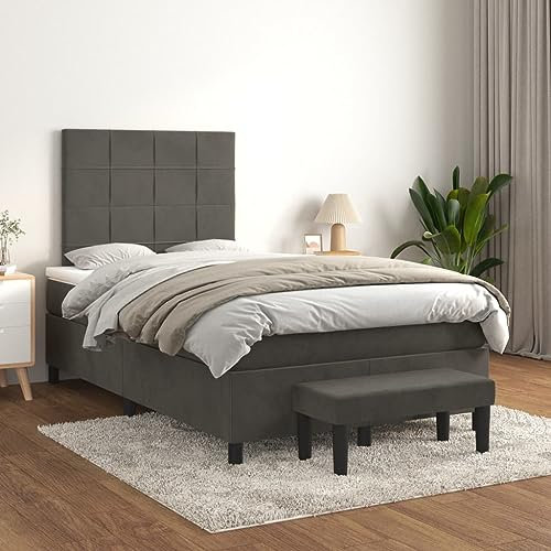 Homgoday Boxspringbett mit Matratze Polsterbett Doppelbett Einzelbett Bett mit Lattenrost & Bettbank Gästebett Bettgestell mit Kopfteil Block mit Quadraten Dunkelgrau 120x200 cm Samt
