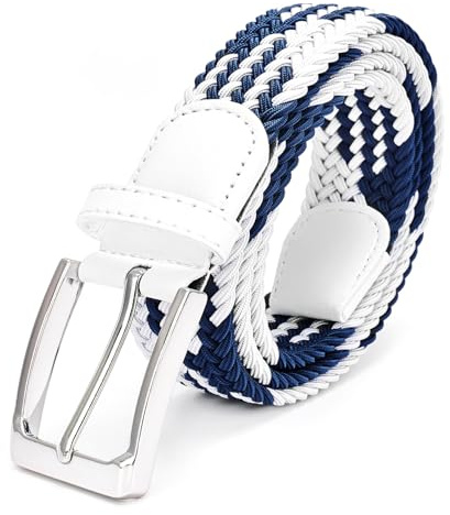 Uoocg Flechtgürtel Elastischer Unisex Stoffgürtel 3.4cm - Dehnbarer Polyester Gürtel für Hosen - Stretchgürtel für Damen & Herren | Größen auswählbar | Weiß/Blau 120cm