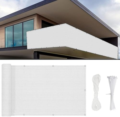Balkon Sichtschutz 900 x 155 cm HDPE Gewebe, Uv-Schutz, Balkonumrandung Balkonverkleidung, mit Kabelbinder Und Kordel, für Hofmauer Terrasse, Weiß