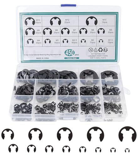 MOLENCO E Clips, Sprengring Set, Sicherungsringe Sortiment, 450 Stück | 13 Größen (M1.5/2/2.5/3/4/5/6/7/8/9/10/12/15mm), Kohlenstoffstahl, für Befestigen Lagern, Zahnrädern und Riemenscheiben