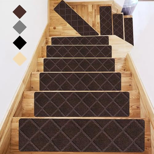 GYHH 15 Stück Treppenstufen Matten, Anti-Rutsch Stufenmatten, Treppenteppich Selbstklebend Rechteckig, Treppen Treppenstufen Aussen Innenbereich Für Kinder Ältere Und Hunde (Brown,15)