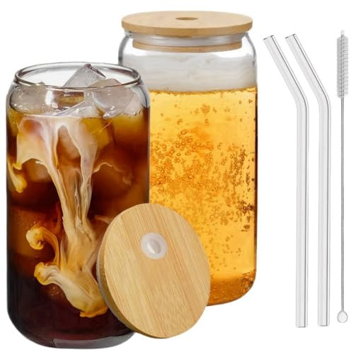 Siocok 500ml Can Shaped Glass Cups Set, Drinking Glasses with Bamboo Lids and Glass Straw, Reusable Can Shaped Cups Set,for Smoothies, Beer, Cola, Juice, Soda,Cocktail, Milk