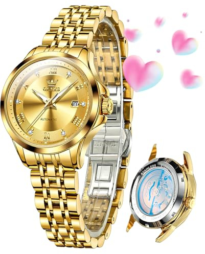 OLEVS Orologio da polso da donna, automatico, con diamanti dorati, elegante, elegante, a carica automatica, datario, luminoso, impermeabile, L6702: Cinturino oro e quadrante oro