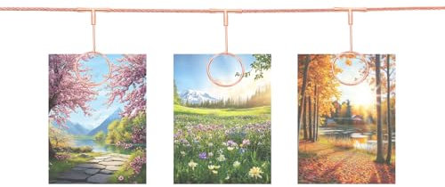 QUARKZMAN Acciaio Appendi Foto a Muro con Cavo Filo E 12 Clip Rotondo, 5Ft Appendi Cornici Regolabile per Collage di Foto da Appendere Decorazioni da Parete Arte Oro Rosa
