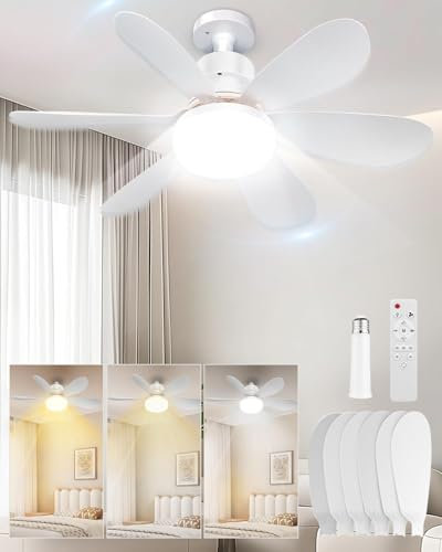 RuiDay - Lampe ventilateur de plafond avec lumière LED E27, 40 W, 6 pales silencieuses avec télécommande, 3 vitesses (blanc rond + allongé)