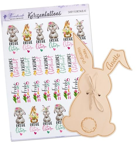 FEENSTAUB Kleiner Ostergruß aus Holz, personalisierte Verpackung Osterkerze, Osterlicht verpacken, gravierter Osterhase mit Namen, Holzkarte in Hasenform, personalisierte Geschenkverpackung für Ostern