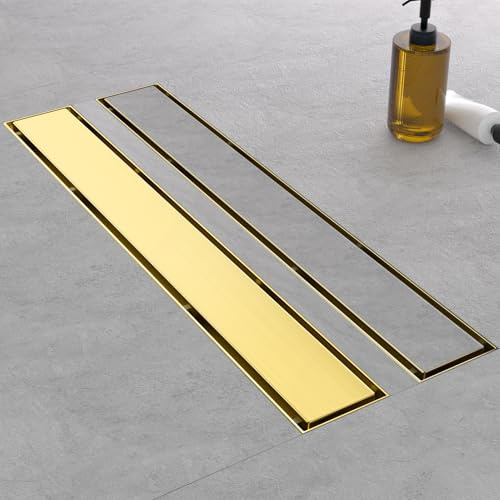 EBYTE Desagüe de ducha lineal dorado de 24 pulgadas, drenaje de ducha de acero inoxidable SUS 304, drenaje lineal dorado cepillado con panel de inserción de azulejos 2 en 1 y pies ajustables, drenaje