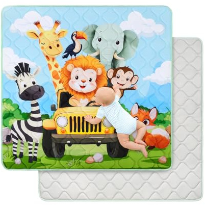decalsweet Spielmatte 127×127cm mit Rutschfest, Extra Dicke 2cm Weiche Krabbelmatte, Faltbar Krabbeldecke Krabbelteppich für Indoor Outoor Zaun (Grasland Tiere)