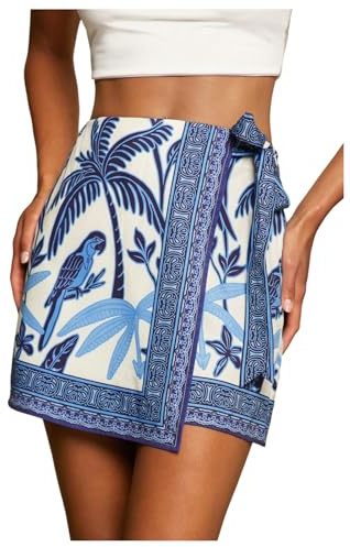 MakeMeChic Women's Summer Boho Wrap Mini Skirt Beach Vacation Short Skirts Blue and White Small