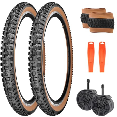 26/27.5/29x2.3 MTB Allround Fahrradreifen Fahrradmantel 30TPI Faltreifen Decke 2XReifen+ 2xSchlauch+2xReifenheber (Schwarz + Braune-Wand, 26 x 2.3 Zoll)