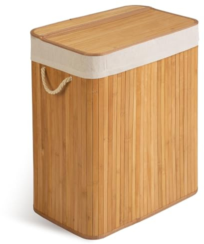 Massido tvättkorg 2 fack 100 l – med lock och tvättpåse – tvättkorg av bambu – tvättsorterare – beige – 61 x 54 x 34 cm