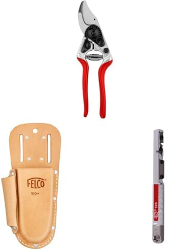 FELCO 14 Gartenschere mit Lederholster 910+ und Schärfwerkzeug 905 – Handliches Set für kleine Hände und präzise Gartenarbeiten