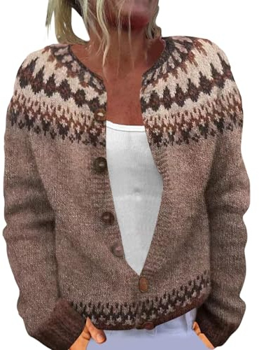 Sweaters for Women UK with Buttons, Fair Isle Nordic Patterned Sweater Long Sleeve Crew Neck Cardigan Jacket for Autumn and Winter,Plus Size Coat for Women