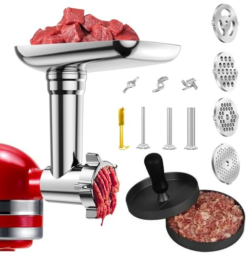 Accesorio para Picadora de Carne para KitchenAid, Accesorio para Molinillo de Carne con 4 Platos Picadores, 3 Tubos de Relleno de Salchichas, Prensa para Hamburguesas