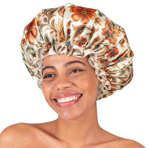 mikimini Gorro de ducha reutilizable e impermeable para mujer – Gorro grande de doble capa con tira ajustable y borde con volante, gorro de baño extra grande con estampado romántico para cabello largo