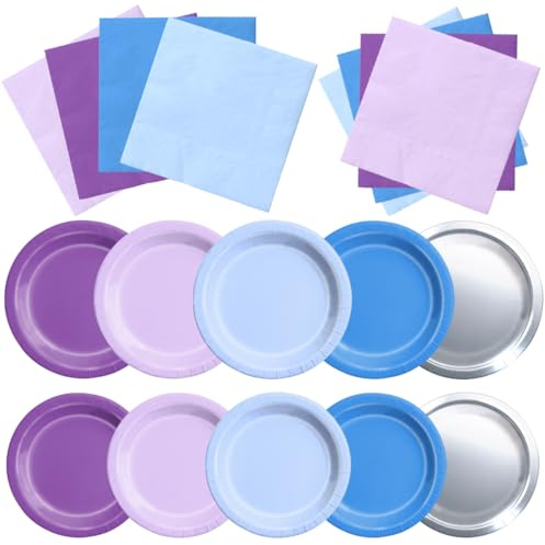 Winter Wonderland Decorations - 60Pcs Blue Purple Snowflake Plates & Napkins Set Winter Wonderland Tableware for Birthday Christmas New Year