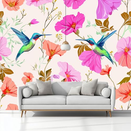 Genérico Fotomurales Encantador Flores Animales Colibríes, 250 x 175 cm (An x Al) Papel Pintado No Tejido - Crema Papel Tapiz para la Decoración del hogar en Salon y Cocina