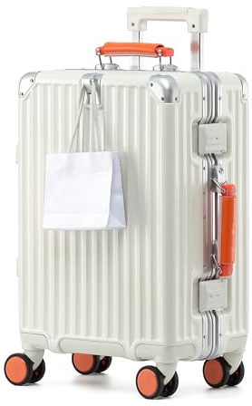 yuweijie Koffer groß, Koffer & Trolleys - Robuster Alu-Rahmen Suitcase für Reisen, 4 Rollen, TSA Schloss, Weiß mit orangem Ledergriff, XXL-80cm