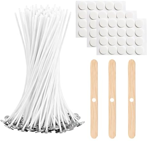 Wanheart 100 Pcs Candle Wicks for Making Candles,10cm Cotton Pre Waxed Candle Wicks with 3 Candle Wick Holders & 60 Glue Stickers,Long Lasting No Black Smoke,for DIY Making Candle Crafts