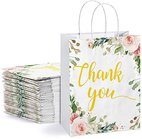 30 Stück Vielen Dank Geschenktüten mit Henkeln, Blumenmuster, 18x8x22 cm – Bulk-Set aus Kraftpapier Papiertüten mit Henkel für Geburtstag, Hochzeit uvm