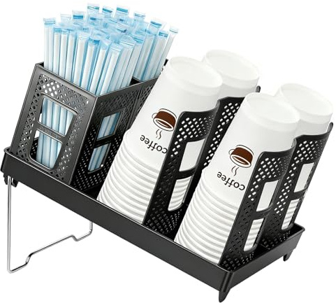 SMRONAR Soporte para tazas y tapas, soporte para tazas de café con caja de almacenamiento de pajitas, 6 compartimentos, dispensador de tazas desechables, organizador de tazas de café desechables, para